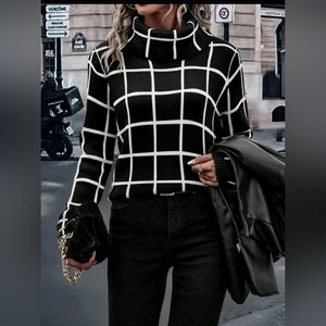 Black Plaid Turtle Neck Sweater